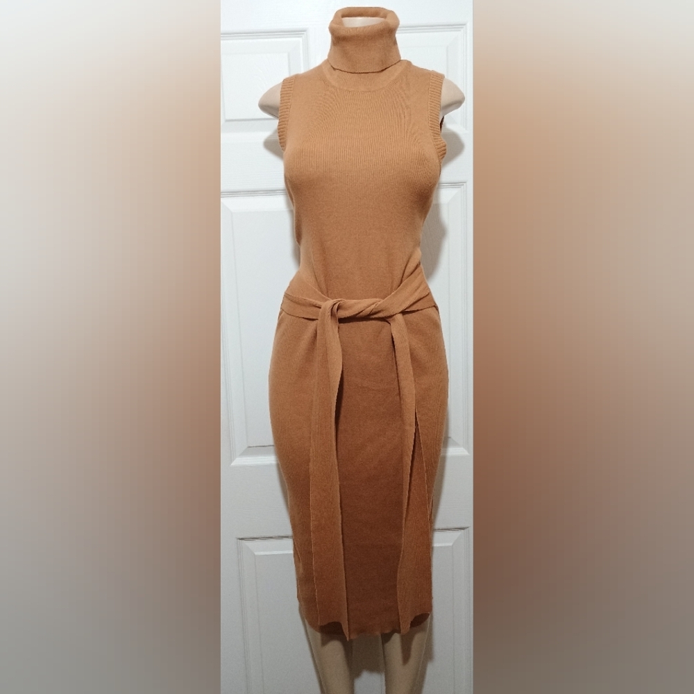 Brown Ribbed Mock Turtleneck Midi Sweater Dress